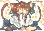  ahoge animal_ears bandana black_legwear blush brown_hair cat_ears cat_tail commentary_request hairband ikazuchi_(kantai_collection) inazuma_(kantai_collection) kantai_collection looking_at_viewer multiple_girls one_eye_closed paw_print pleated_skirt sailor_collar school_uniform serafuku short_hair skirt suzuho_hotaru tail thighhighs twitter_username 