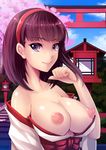  absurdres bad_id bad_pixiv_id breasts brown_hair hairband highres japanese_clothes large_breasts looking_at_viewer miko mizutsuki_rei nipples original purple_eyes smile solo torii 