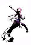  alisa_boskonovich android asymmetrical_hair foreshortening fujisawa_tomio full_body green_eyes knees_together_feet_apart official_art pink_hair purple_legwear red_hair short_hair solo squatting tekken tekken_tag_tournament_2 thighhighs thrusters 