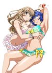  2girls armpits bikini blue_hair bra breasts brown_hair eyepatch green_eyes ikkitousen large_breasts long_hair lying multiple_girls official_art panties ryomou_shimei short_hair simple_background smile sonken_chuubou swimsuit underwear 