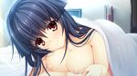  1girl absurdres areolae asami_asami bed bed_sheet bedroom blue_hair blush breast_press breasts game_cg highres himekawa_honami large_breasts long_hair looking_at_viewer lying nipples nude on_stomach pretty_x_cation_2 red_eyes smile solo_focus under_covers 