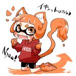  animal_ears bike_shorts cat_ears domino_mask eyebrows fangs hood hoodie inkling kneeling lowres mask orange_eyes orange_hair rebecca_(keinelove) smile solo splatoon_(series) splatoon_1 tail tentacle_hair thick_eyebrows translated whiskers 