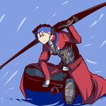  archer archer_(cosplay) arm_support bad_id bad_pixiv_id blue_hair bow_(weapon) cosplay earrings fate/stay_night fate_(series) fusion jewelry koraku_gekki lancer male_focus one_knee ponytail red_eyes solo weapon 