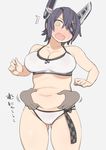  1girl bad_id bad_twitter_id bare_shoulders belly belly_grab bikini blush breasts bright_pupils collarbone cowboy_shot disembodied_limb eyepatch full-face_blush halterneck headgear inactive_account kantai_collection large_breasts long_hair navel nora_higuma open_mouth plump purple_hair short_hair simple_background solo_focus surprised swimsuit tenryuu_(kantai_collection) translated weight_conscious yellow_eyes 
