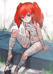  arm_support bandaged_feet bandaged_leg bandages barefoot black_eyes chromatic_aberration coffin leg_lift leg_up long_hair looking_at_viewer midriff naked_bandage navel nightmare-kck original prehensile_toes red_hair sitting skeleton solo twintails 