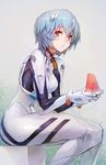  ayanami_rei blue_hair bodysuit breasts food from_side fruit hair_ornament highres looking_at_viewer medium_breasts neon_genesis_evangelion plugsuit red_eyes short_hair sitting solo taishi_(picchiridou) watermelon white_bodysuit 