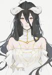  albedo bare_shoulders black_hair breasts cleavage demon_girl detached_collar dress hair_between_eyes horns light_smile long_hair looking_at_viewer medium_breasts off-shoulder_dress off_shoulder overlord_(maruyama) pale_skin simple_background slit_pupils solo strapless strapless_dress tae upper_body very_long_hair white_background white_dress yellow_eyes 