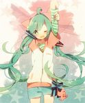  ahoge arm_up cowboy_shot fang green_eyes green_hair hatsune_miku komadori_ui long_hair one_eye_closed open_mouth shorts solo star star-shaped_pupils stretch symbol-shaped_pupils twintails very_long_hair vocaloid 