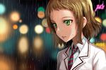  blurry bokeh brown_hair depth_of_field green_eyes kira_tsubasa lips love_live! love_live!_school_idol_project necktie rain rainmood school_uniform short_hair solo striped striped_neckwear tears upper_body utx_school_uniform 