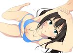  armpits arms_up bikini breasts brown_hair earrings green_eyes idolmaster idolmaster_cinderella_girls jewelry long_hair looking_at_viewer medium_breasts navel necklace open_mouth shibuya_rin simple_background solo sweat swimsuit white_background yoshiki360 