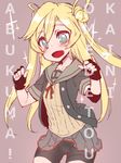  :d abukuma_(kantai_collection) bike_shorts black_serafuku black_skirt blue_eyes blush character_name cowboy_shot double_bun fingerless_gloves gloves hair_rings kantai_collection katuu long_hair neckerchief open_mouth pleated_skirt remodel_(kantai_collection) sailor_collar school_uniform serafuku skirt smile solo twintails 