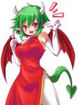  :d bare_shoulders breasts china_dress chinese_clothes draco_centauros dragon_girl dragon_horns dragon_tail dragon_wings dress elbow_gloves fang gloves green_hair hair_between_eyes highres horns large_breasts madou_monogatari messy_hair open_mouth pointy_ears puyopuyo red_dress red_wings sakuramau short_hair side_slit smile solo tail v-shaped_eyebrows white_legwear wings yellow_eyes 