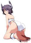  all_fours anklet ass bikini eyepatch from_behind full_body grin headgear jewelry kantai_collection looking_back orange_eyes purple_hair sandals shiny shiny_skin short_hair simple_background smile solo swimsuit tabigarasu tenryuu_(kantai_collection) white_background white_bikini 