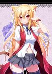  47agdragon animal_ears blonde_hair breasts cat_ears cat_tail cowboy_shot highres long_hair looking_at_viewer md5_mismatch medium_breasts navel original pleated_skirt purple_legwear red_eyes revision short_sleeves skirt solo tail thighhighs very_long_hair zettai_ryouiki 