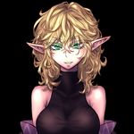  bare_shoulders black_background blonde_hair breasts collarbone green_eyes halterneck large_breasts looking_at_viewer messy_hair miata_(miata8674) mizuhashi_parsee parted_lips pointy_ears short_hair solo touhou upper_body 