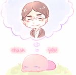  artist_request black_hair commentary dreaming formal glasses iwata_satoru kirby kirby_(series) protected_link sleeping smile suit 