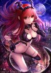  armlet ass black_gloves breasts bridal_gauntlets finger_to_mouth floating_hair gloves hair_between_eyes hisahisahisahisa horns leaning_forward long_hair looking_at_viewer lord_of_vermilion lord_of_vermilion_iii medium_breasts moon pointy_ears red_eyes red_hair solo succubus_(lord_of_vermilion) thighhighs 
