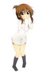  alternate_costume black_legwear blush brown_eyes brown_hair covering_mouth dress_shirt folded_ponytail hands_on_own_face inazuma_(kantai_collection) kantai_collection long_hair miyako_hito naked_shirt no_shoes pigeon-toed ponytail shirt simple_background sleeves_past_wrists solo standing white_background 