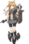  abukuma_(kantai_collection) blonde_hair blue_eyes double_bun dual_wielding full_body hair_rings holding kantai_collection konishi_(koconatu) long_hair looking_at_viewer official_art remodel_(kantai_collection) school_uniform shoes skirt smile solo transparent_background turret twintails 