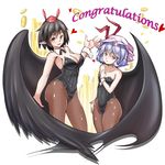  alternate_costume arms_at_sides bat_wings black_hair breasts brown_legwear colored_eyelashes congratulations feathered_wings fishnet_pantyhose fishnets hair_between_eyes hand_on_own_chest hat highres jitome large_breasts large_wings lavender_hair leotard mob_cap multiple_girls nagase_taii off_shoulder pantyhose playboy_bunny_leotard pointy_ears red_eyes remilia_scarlet serious shameimaru_aya short_hair sideboob small_breasts tokin_hat touhou unmoving_pattern wings wrist_cuffs 
