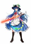  blue_hair boots cross-laced_footwear douyougen food fruit full_body hat hinanawi_tenshi long_hair peach red_eyes simple_background smile solo sword_of_hisou touhou weapon 