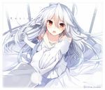  1girl bad_id bad_pixiv_id bridal_veil detached_sleeves dress earrings elbow_gloves floating_hair gloves hand_grab jewelry long_hair mishima_kurone necklace open_mouth original outstretched_hand pleated_dress red_eyes shirokami_project silver_hair solo_focus tierra_azur twitter_username veil very_long_hair wedding_dress white white_hair 
