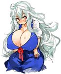  blue_dress blush breasts cleavage covered_nipples dress huge_breasts impossible_clothes kamishirasawa_keine long_hair nose_blush perky_breasts puffy_short_sleeves puffy_sleeves red_eyes sachito short_sleeves simple_background solo sweat touhou white_background white_hair 