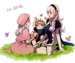  2boys bug butterfly female_my_unit_(fire_emblem_if) fire_emblem fire_emblem_if flower_wreath foleo_(fire_emblem_if) head_wreath insect kanna_(fire_emblem_if) kanna_(male)_(fire_emblem_if) kneeling long_hair miyadevil mother_and_son multiple_boys my_unit_(fire_emblem_if) otoko_no_ko purple_eyes red_eyes 