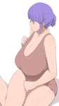  1girl bare_shoulders breasts brown_swimsuit cleavage collarbone female highres huge_breasts namamo_(kura) one-piece_swimsuit plump purple_eyes purple_hair short_hair simple_background sitting sketch solo swimsuit white_background yokozuwari 