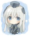  :&lt; bad_id bad_pixiv_id black_legwear blue_eyes blush bodysuit chibi garrison_cap hat kantai_collection kneeling kriegsmarine long_hair looking_at_viewer mini_hat mishima_kurone pantyhose pleated_skirt puffy_sleeves sitting skirt solo thighhighs thighhighs_over_pantyhose u-511_(kantai_collection) uniform wariza white_hair 