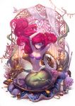  ariel_(disney) armpits arms_up blue_eyes breasts ein_lee long_hair medium_breasts mermaid monster_girl navel red_hair shell shell_bikini solo the_little_mermaid 