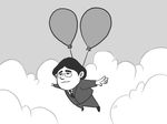  artist_request balloon balloon_fight cloud commentary formal glasses greyscale highres iwata_satoru male_focus monochrome necktie sky solo suit 