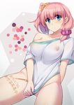  blue_eyes bottomless breasts collarbone covered_nipples covering covering_crotch highres large_breasts long_hair looking_at_viewer original pink_hair ponytail scrunchie shirt shirt_tug short_ponytail short_sleeves side_ponytail solo sorano_(12gou) 