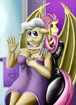  2015 anthro anthrofied bat_pony blue_eyes cleavage clothed clothing equine fangs female flutterbat_(mlp) fluttershy_(mlp) friendship_is_magic horse mammal mayor_mare_(mlp) my_little_pony pony quakehoof red_eyes rubber skinsuit slit_pupils towel tower window 