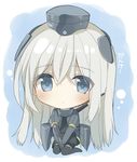  :&lt; bad_id bad_pixiv_id black_legwear blue_eyes blush bodysuit chibi garrison_cap hat kantai_collection kneeling long_hair looking_at_viewer mini_hat mishima_kurone pantyhose pleated_skirt puffy_sleeves sitting skirt solo thighhighs thighhighs_over_pantyhose u-511_(kantai_collection) uniform wariza white_hair 