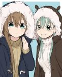  2girls absurdres alternate_costume animal_ears aqua_eyes aqua_hair blue_background blue_eyes blue_jacket blush border brown_hair brown_jacket casual closed_mouth eyebrows_visible_through_hair fur-trimmed_hood fur_trim highres hood hoodie jacket kantai_collection kumano_(kantai_collection) light_brown_sweater long_hair looking_at_viewer multiple_girls open_mouth ribbed_sweater spica1476 suzuya_(kantai_collection) sweater white_border white_sweater 