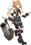  abukuma_(kantai_collection) back blonde_hair blue_eyes double_bun full_body hair_rings kantai_collection konishi_(koconatu) long_hair looking_back official_art remodel_(kantai_collection) school_uniform shoes skirt smoke solo torn_clothes transparent_background turret twintails wince 