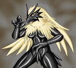  anthro audie-gryph avian black_skin blaziken blue_eyes breasts claws female looking_at_viewer nintendo pok&eacute;mon rubber_suit simple_background solo video_games 