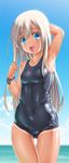  :d arm_up armpits blue_eyes blush breasts byeontae_jagga covered_navel highres kantai_collection long_hair looking_at_viewer old_school_swimsuit one-piece_swimsuit open_mouth ro-500_(kantai_collection) school_swimsuit shiny shiny_clothes silver_hair skindentation small_breasts smile solo swimsuit tan tanline 