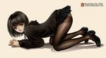  1girl all_fours black_hair bob_cut female looking_at_viewer noh_seong-min original pantyhose shoes simple_background solo watermark 