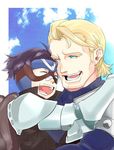  bad_id bad_pixiv_id bandaid bandaid_on_nose blonde_hair blue_eyes blue_hair closed_eyes father_and_son fatherly fire_emblem fire_emblem_if gauntlets harold_(fire_emblem_if) hug lutz_(fire_emblem_if) makiya_(artist) male_focus mask multiple_boys one_eye_closed open_mouth 