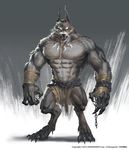  4_toes abs angry anthro armband barefoot biceps big_muscles bodybuilder canine chain claws clothed clothing collar digitigrade fangs fur grey_fur half-dressed loincloth long_ears male mammal muscles nipples open_mouth runewaker simple_background solo standing teeth toes toned topless warrior were werewolf yellow_eyes 