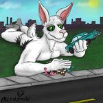  2015 3_toes anthro butt car cattle chest_tuft city cloud fur green_eyes grin hare lagomorph larger_male lying macro male mammal markings metalsmile micro muscles nude outside paws pecs rabbit size_difference sky smile street toes tuft vehicle 