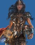  1girl amazon armor black_hair blue_eyes cape dc_comics helmet lasso pteruges simple_background solo sword tiara weapon wonder_woman wonder_woman_(series) 