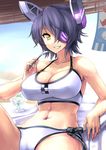  bikini blue_eyes breasts checkered checkered_neckwear cleavage collarbone ebizome eyepatch headgear kantai_collection large_breasts looking_at_viewer navel necktie purple_hair short_hair sitting sketch smile solo spoon sweat swimsuit tenryuu_(kantai_collection) white_bikini yellow_eyes 