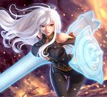  bare_shoulders bouncing_breasts breasts glowing glowing_shield glowing_weapon highres large_breasts long_hair pantyhose red_eyes seeker_(shzyu) selvaria_bles senjou_no_valkyria shield skirt solo thigh_gap weapon white_hair 