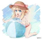  ball beachball bikini blonde_hair blue_eyes collarbone fairy_wings folded_ponytail hat highres kneeling lily_white open_mouth red_bikini signature smile solo straw_hat swimsuit touhou wings yutamaro 