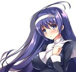  ahoge blue_eyes blue_hair blush breasts commentary_request hairband huge_ahoge iroha_(unyun) large_breasts long_hair orie_(under_night_in-birth) simple_background solo under_night_in-birth very_long_hair white_background 