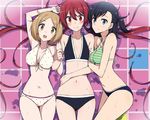  absurdres artist_request ayugase_karen bikini black_hair blue_eyes breasts brown_eyes brown_hair cleavage flat_chest highres joukamachi_no_dandelion large_breasts low_twintails multiple_girls navel polka_dot polka_dot_bikini polka_dot_swimsuit red_eyes red_hair sakurada_akane shirogane_an striped striped_bikini swimsuit twintails wavy_mouth 