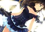  black_gothic_dress_(idolmaster) breasts brown_hair dress dutch_angle gloves green_eyes idolmaster idolmaster_cinderella_girls long_hair medium_breasts microphone open_mouth otogi_kyouka shibuya_rin solo 